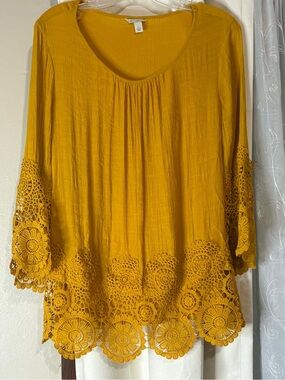 Women's Mustard Crochet-Hem Peasant Top Lightweight Summer & Fall Size Large